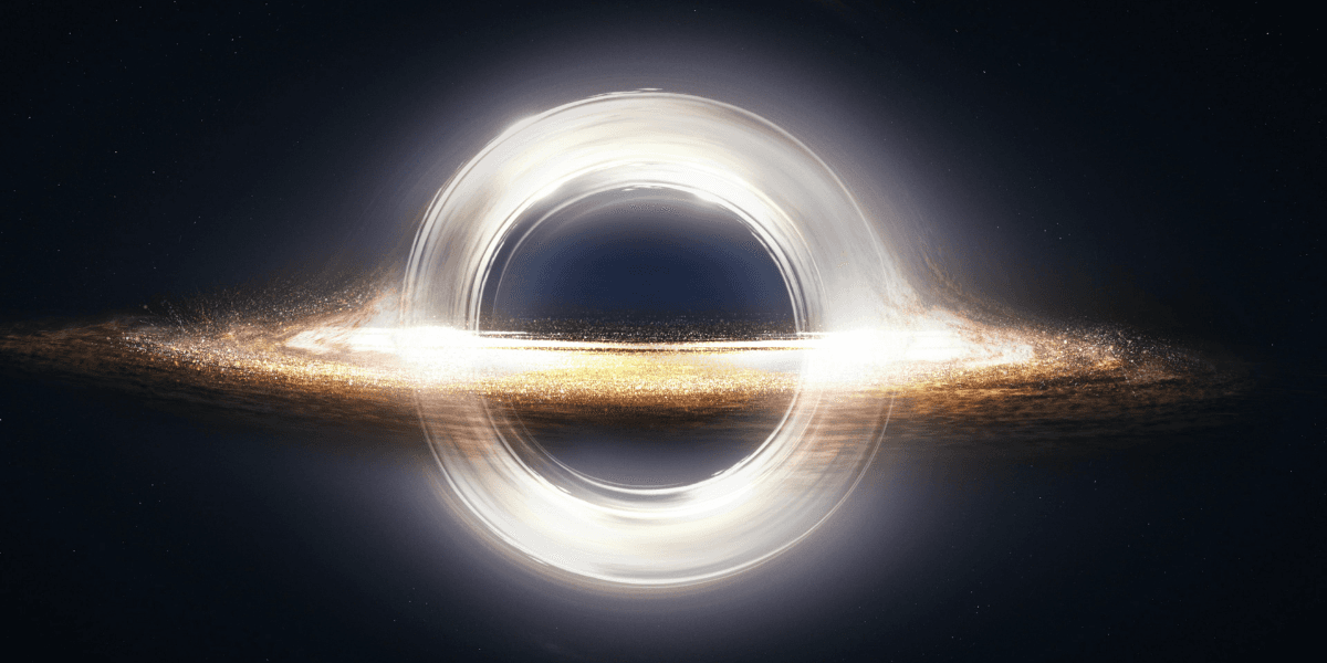 Artistic rendering of a black hole with luminous accretion disk and surrounding stars
