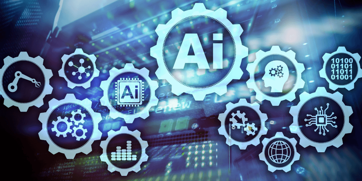 Illustration of AI concepts with gears, circuits, and binary code on a digital background