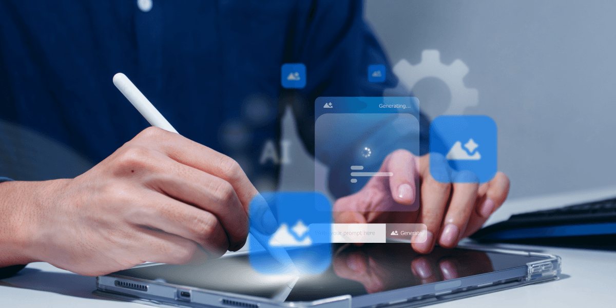 Person using a stylus on a tablet with floating app icons around them