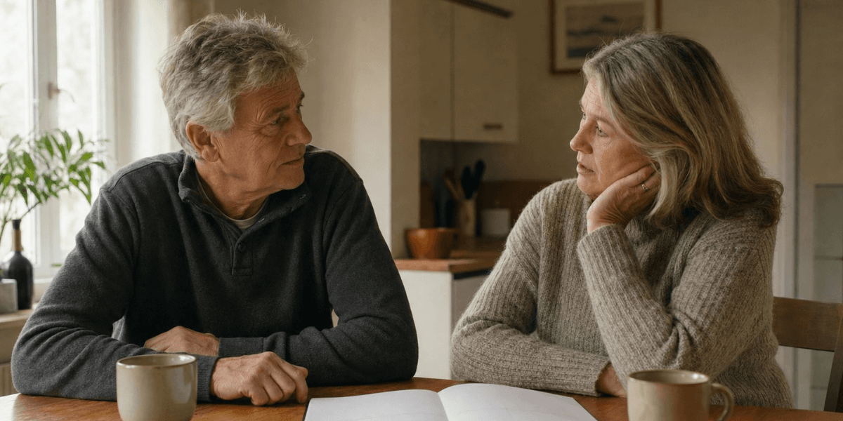 A senior couple engaged in conversation over coffee at a wooden table