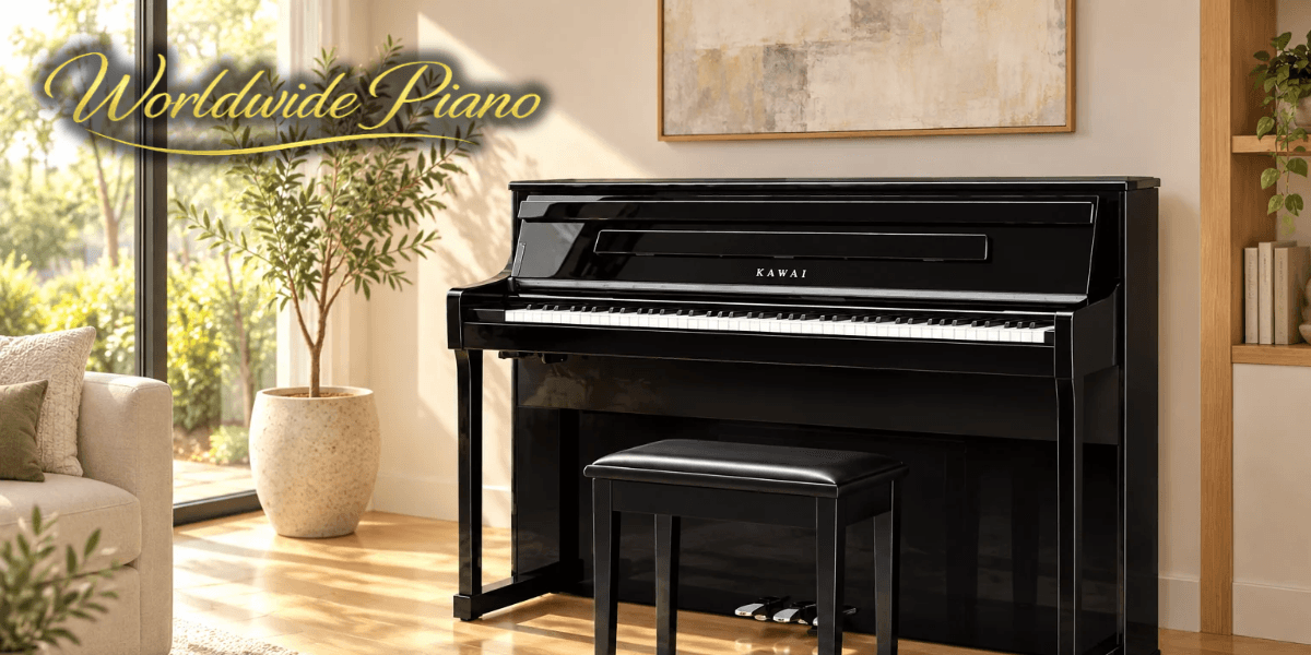 Elegant black Kawai piano in a sunlit room with a decorative plant.