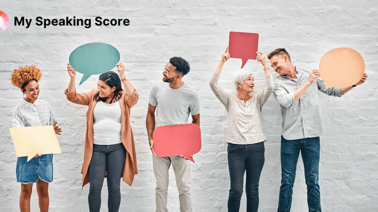 "Group of diverse individuals holding colorful speech bubbles, representing communication and speaking. The image is associated with 'My Speaking Score,' a service focused on evaluating and improving speaking skills."