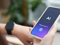 Person holding a smartphone displaying an AI assistant interface on the screen.