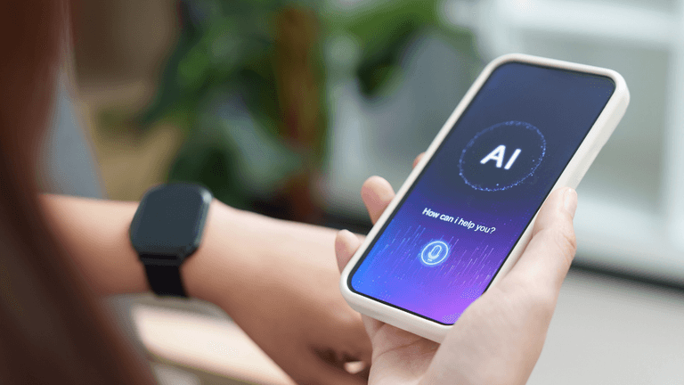 Person holding a smartphone displaying an AI assistant interface on the screen.