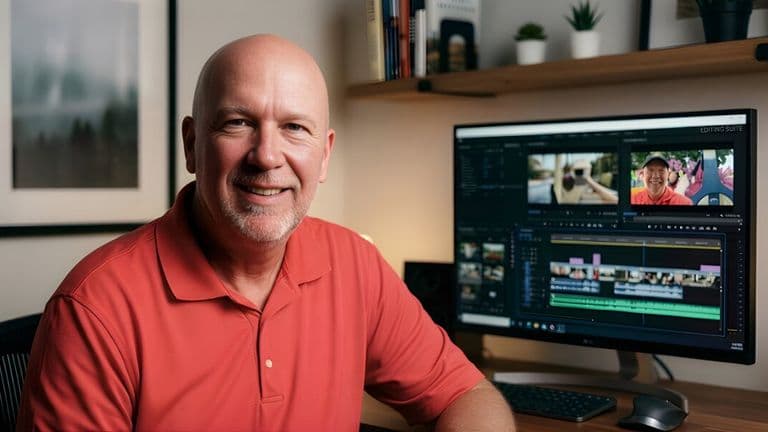Bald man in a red shirt sits at a desk with two monitors, focused on financial planning for veterans' fulfilling retirements.