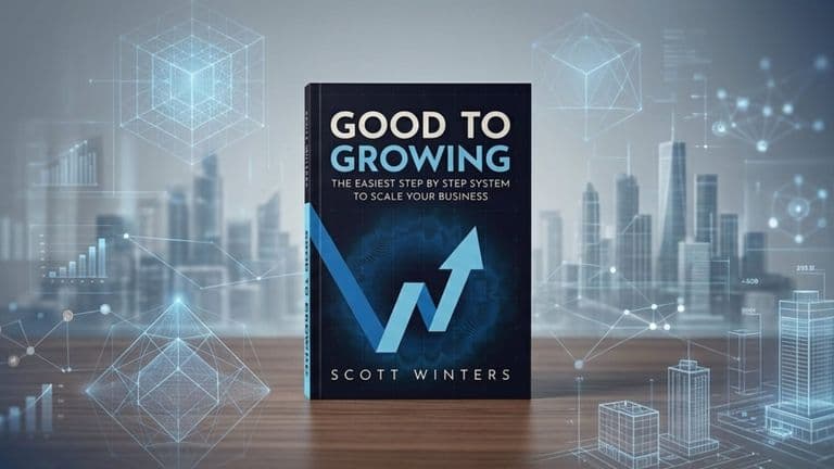 Book cover of “Good To Growing” by Scott Winters with business growth graphics and futuristic cityscape background.