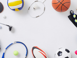 Sports equipment including basketball, soccer ball, tennis racket, baseball glove, and volleyball arranged on a white background.