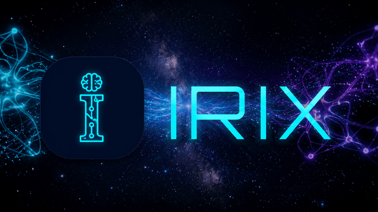 IRIX AI logo with glowing neural network visuals on a futuristic cosmic background.