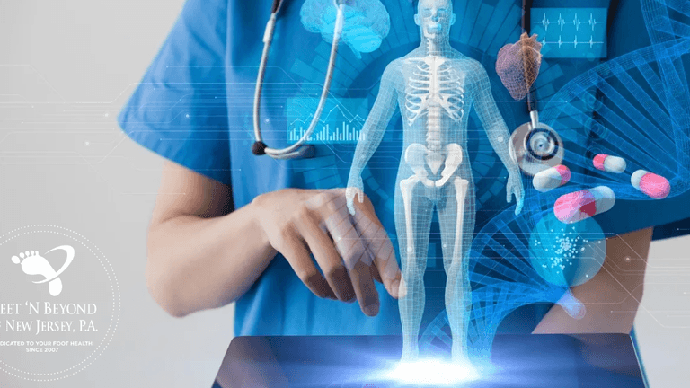 A healthcare professional interacting with advanced technology, displaying a digital hologram of the human body in front of them. The image represents Feet ‘N Beyond of New Jersey, a practice specializing in minimally invasive foot and ankle surgery, utilizing cutting-edge technology like 3D imaging and regenerative medicine to deliver pain-free, aesthetically pleasing results.