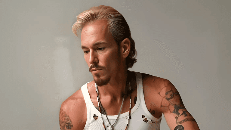 C.J. Shaman, a rising rock and country artist, photographed with a contemplative expression. Known for his raw, rebellious sound and deeply personal music, Shaman combines classic rock energy with modern influences, captivating audiences with his authentic performances and powerful lyrics.