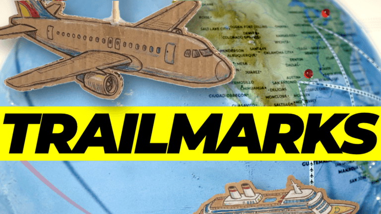 Trailmarks gameplay showing travel cards, trade opportunities, and strategy choices on a world map.