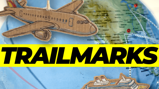 Trailmarks gameplay showing travel cards, trade opportunities, and strategy choices on a world map.