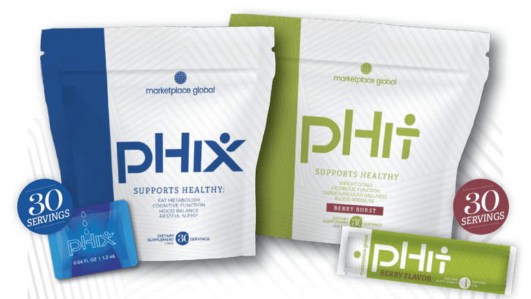 Phix and PHiT dietary supplements in berry flavor, promoting fat metabolism, mood balance, and cardiovascular wellness.