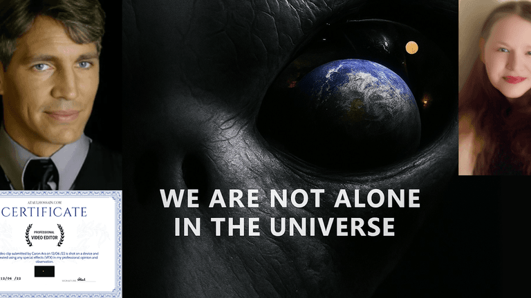 Collage with alien eye reflecting Earth, two portraits, a certificate, and text “We Are Not Alone in the Universe.”