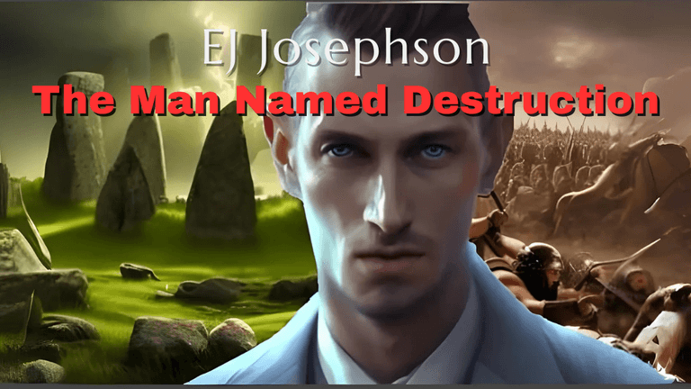 Book cover showing a stern man with glowing eyes, ancient stones, and a battlefield; title: The Man Named Destruction.