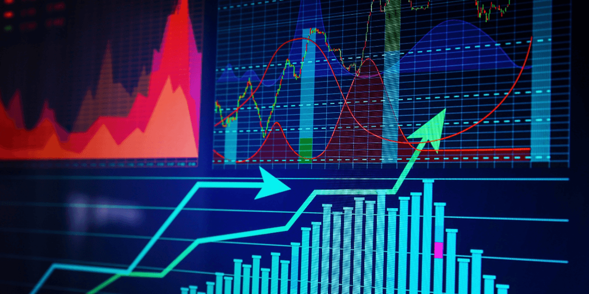 Colorful financial data visualization with various graph types and upward trend indicators