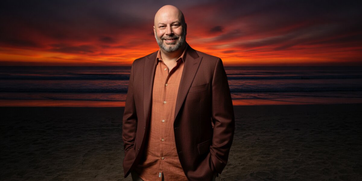 Heiko Gärtner smiling on a beach at sunset, representing transformation from burnout to vitality.