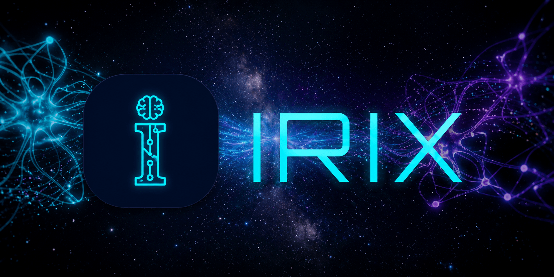 IRIX AI logo with glowing neural network visuals on a futuristic cosmic background.