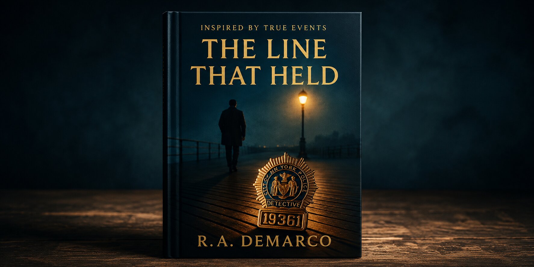 Book cover of The Line That Held showing lone detective on dark boardwalk beneath lamplight and NYPD badge.