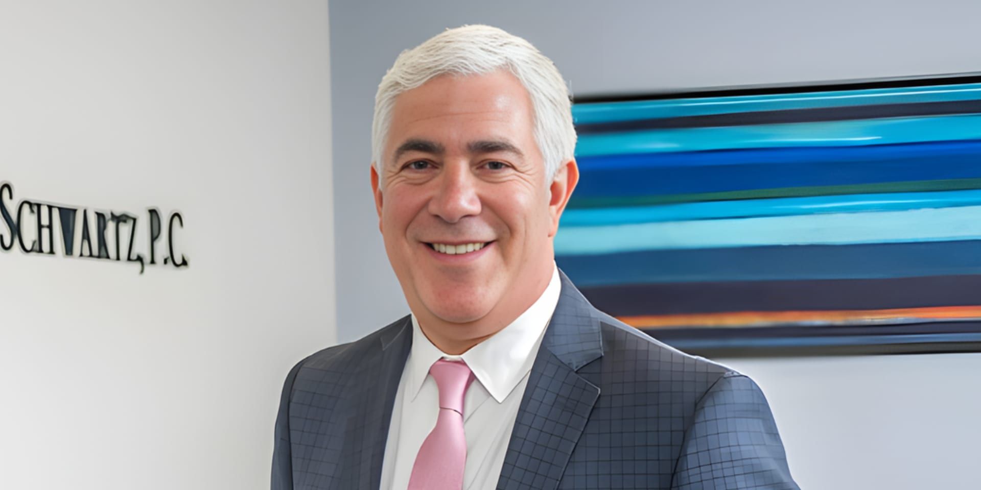 Steven A. Schwartz in a suit at Joel H. Schwartz, P.C. office in Boston.
