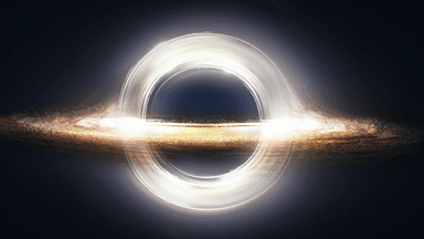 Artistic rendering of a black hole with luminous accretion disk and surrounding stars
