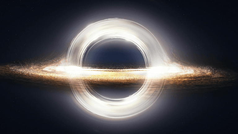 Artistic rendering of a black hole with luminous accretion disk and surrounding stars