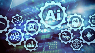 Illustration of AI concepts with gears, circuits, and binary code on a digital background