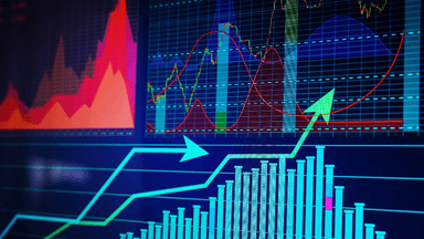 Colorful financial data visualization with various graph types and upward trend indicators
