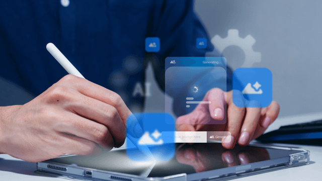Person using a stylus on a tablet with floating app icons around them