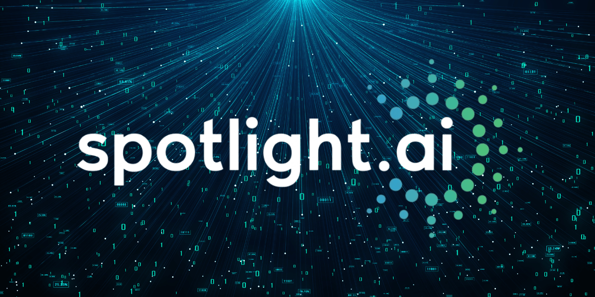 Blue digital background with the logo of spotlight.ai in white and green tones