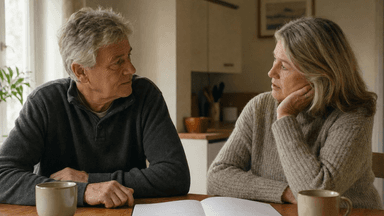 A senior couple engaged in conversation over coffee at a wooden table