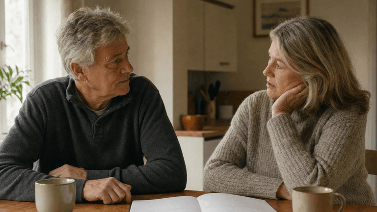 A senior couple engaged in conversation over coffee at a wooden table