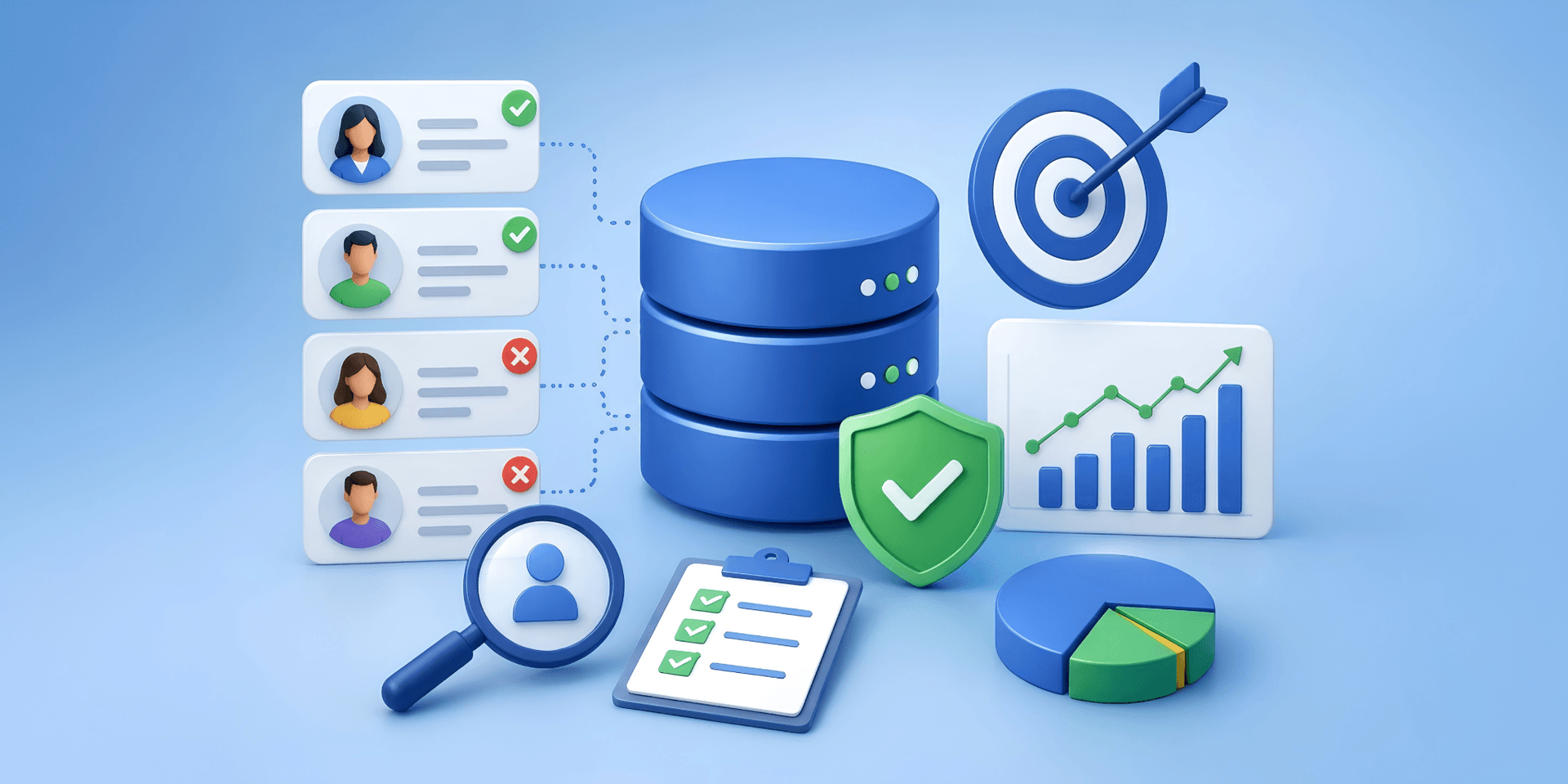 3D illustrated objects representing data management, security, analytics, and user profiles.