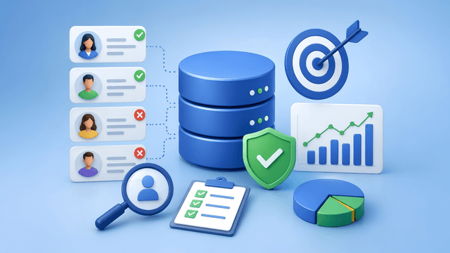 3D illustrated objects representing data management, security, analytics, and user profiles.