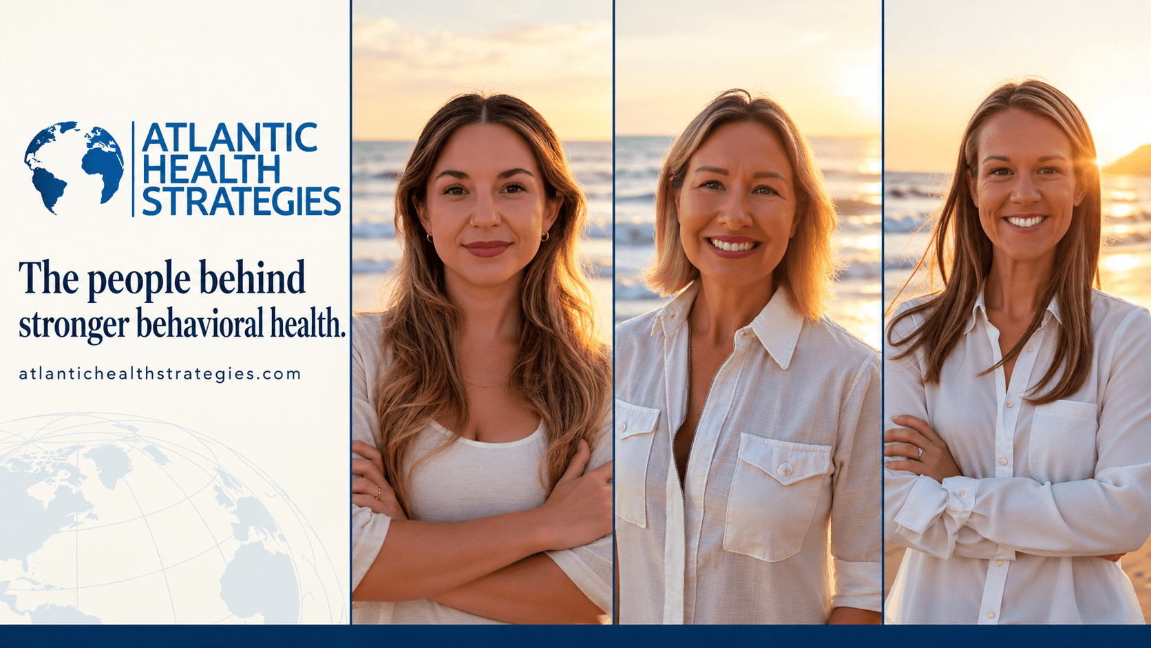 Three women smiling on a beach, promoting Atlantic Health Strategies' behavioral health services
