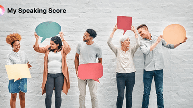 "Group of diverse individuals holding colorful speech bubbles, representing communication and speaking. The image is associated with 'My Speaking Score,' a service focused on evaluating and improving speaking skills."