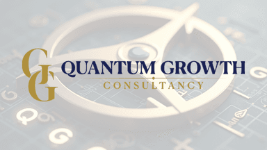 Quantum Growth Consultancy logo with a global financial background highlighting key international cities.