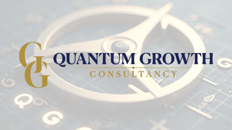 Quantum Growth Consultancy logo with a global financial background highlighting key international cities.