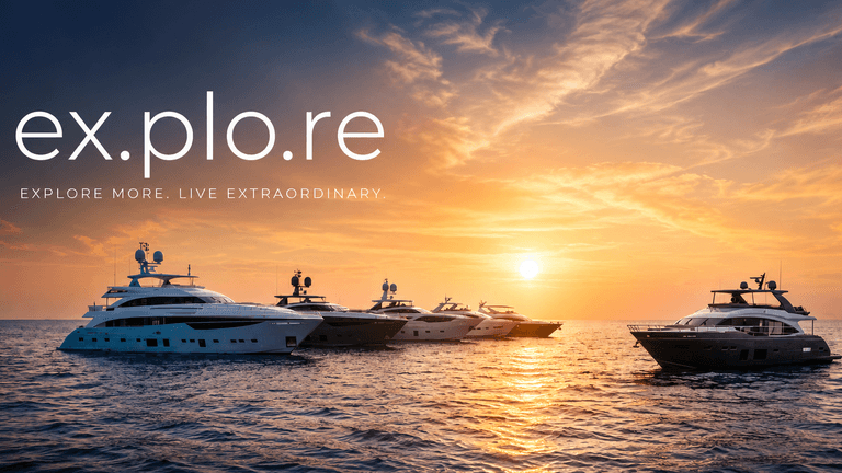 Luxury superyachts at sunset promoting ex.plo.re AI-powered CRM for superyacht brokerage.