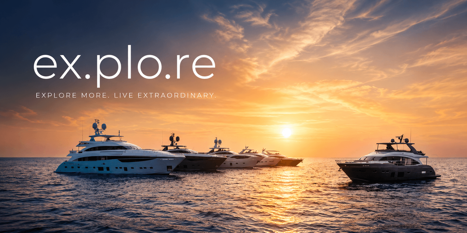 Luxury superyachts at sunset promoting ex.plo.re AI-powered CRM for superyacht brokerage.