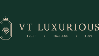 "VT Luxurious logo featuring a diamond and crown symbol with the tagline 'Trust - Timeless - Love' in a luxurious serif font on a dark green background."