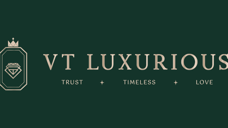 "VT Luxurious logo featuring a diamond and crown symbol with the tagline 'Trust - Timeless - Love' in a luxurious serif font on a dark green background."