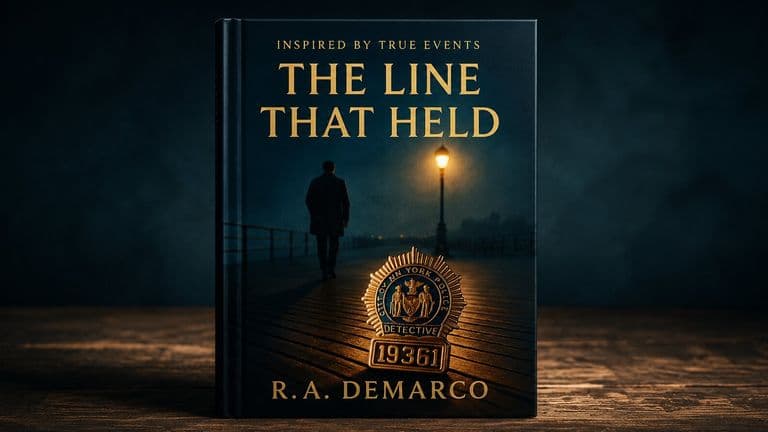 Book cover of The Line That Held showing lone detective on dark boardwalk beneath lamplight and NYPD badge.