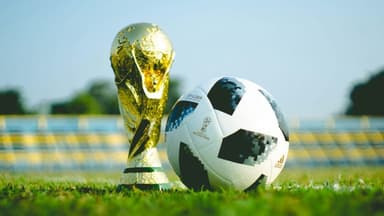 FIFA World Cup trophy beside a soccer ball on a grass field.