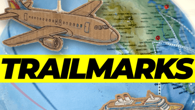 Trailmarks gameplay showing travel cards, trade opportunities, and strategy choices on a world map.