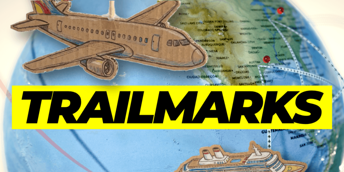 Trailmarks gameplay showing travel cards, trade opportunities, and strategy choices on a world map.