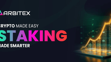 "Arbitex logo with a visual of a rising graph, symbolizing smart and transparent crypto staking for wealth growth."