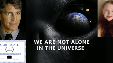 Collage with alien eye reflecting Earth, two portraits, a certificate, and text “We Are Not Alone in the Universe.”