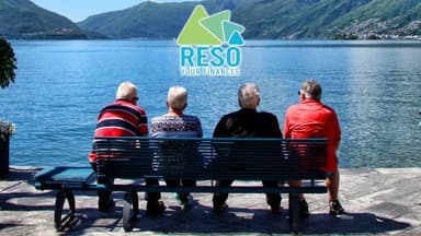 A group of elderly people sitting on a bench overlooking a scenic lake with mountains in the background, accompanied by the 'RESO Your Finances' logo, symbolizing financial planning for retirees.
