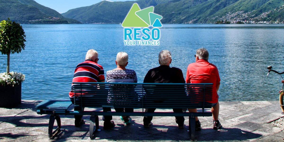 A group of elderly people sitting on a bench overlooking a scenic lake with mountains in the background, accompanied by the 'RESO Your Finances' logo, symbolizing financial planning for retirees.